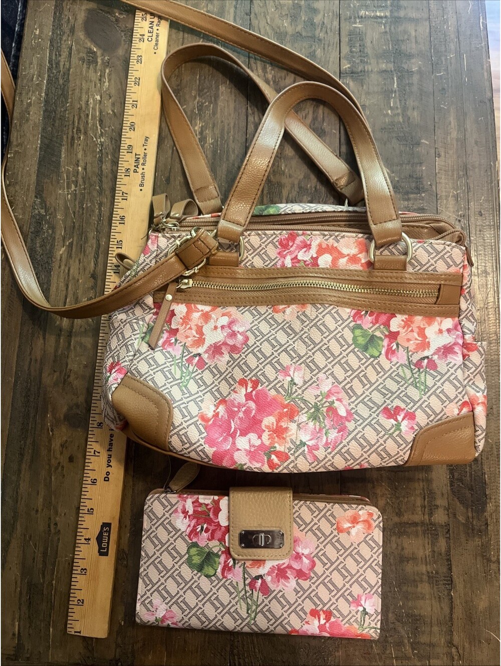Unbranded Floral Purse and Wallet Set Multi Pocket Shoulder Bag Cream Pink TT